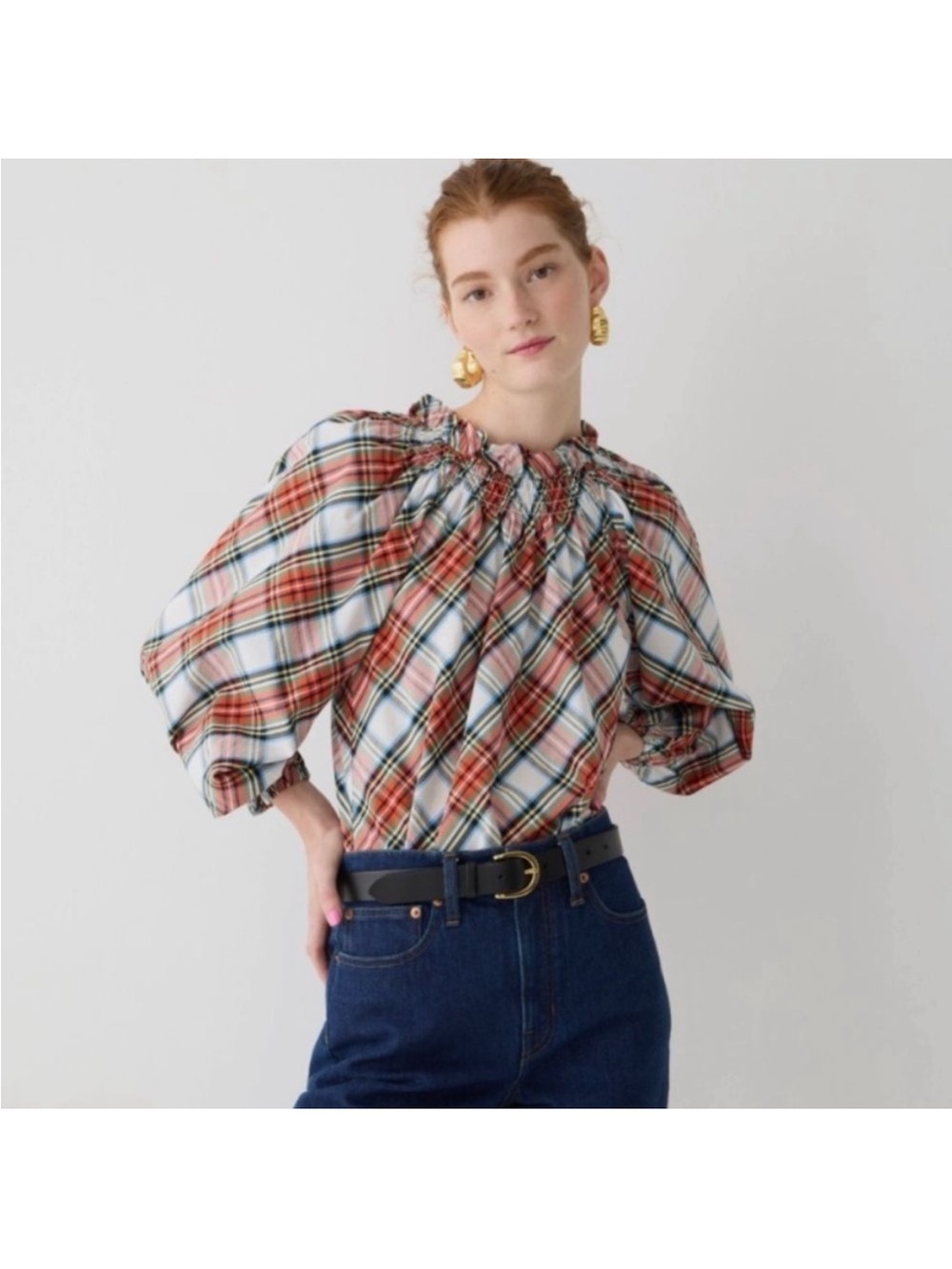 J. Crew Smocked Neck Cotton Poplin Top in Snowy Stewart Tartan sz XS
